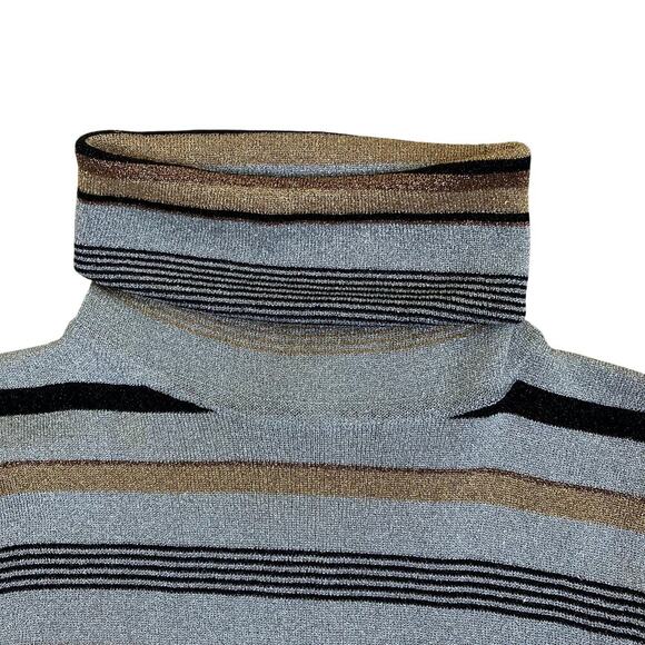 Vintage 70s 80s Metallic Lurex Striped Turtleneck Sweater Gold Silver Bronze - Picture 4 of 16